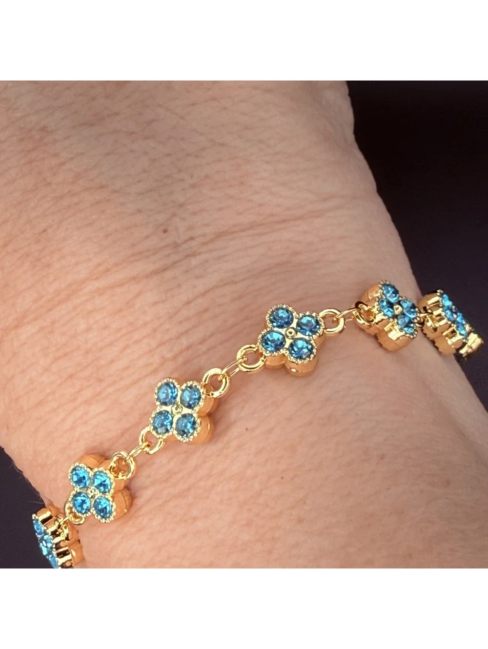 candy+clover aqua crystal clover gold tone bracelet